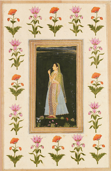 A Muslim lady holding a flower, watercolour and gold on paper, Mughal, late 17th century. © Victoria and Albert Museum