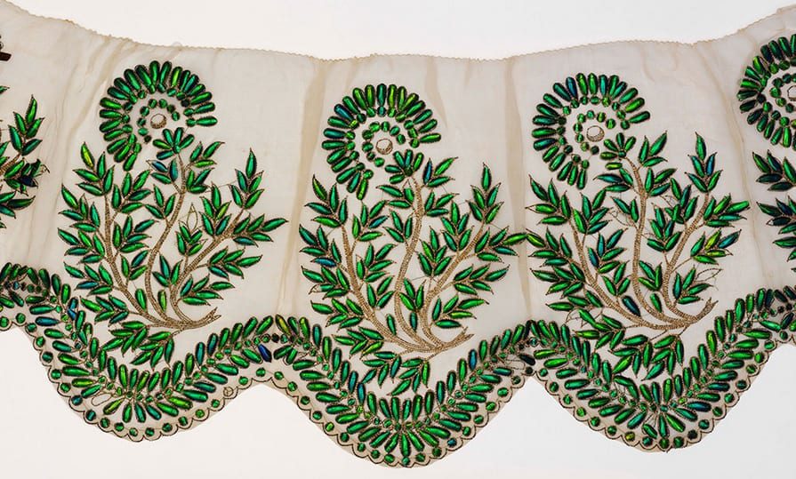 Muslin border embroidered with beetle wings, probably Hyderabad, 19th century. © Victoria and Albert Museum